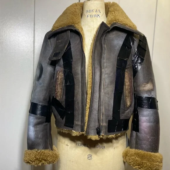 Balenciaga Paint Logo Taped Genuine Shearling Bomber Jacket - Picture 11 of 16